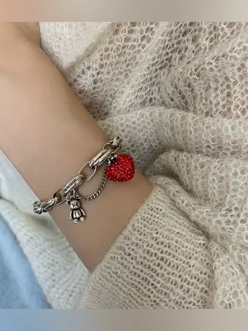 Silver Link Charm Bracelet with Red Heart and Teddy Charms